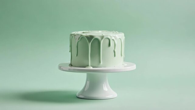 Small cake with pastel green icing on a white stand against a green backdrop