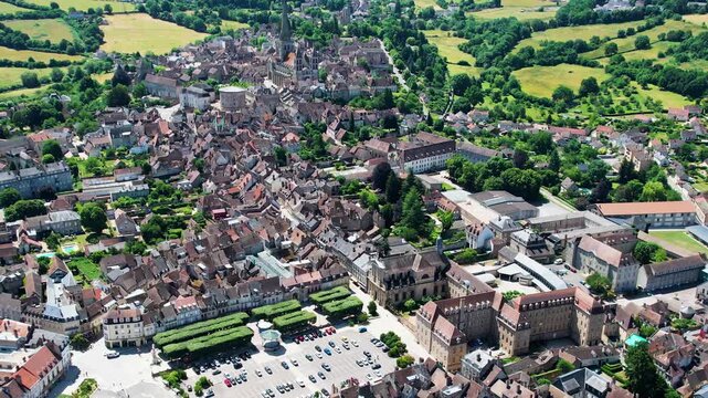An Aerial panoramic view of the old town of the city Autun on a sunny summer noon in France.