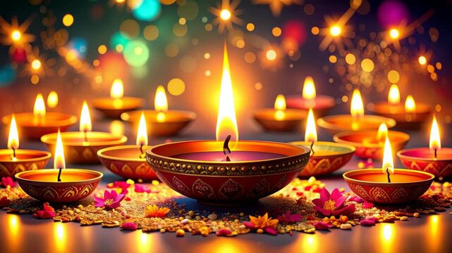 Row of lit diyas with floral decorations and bokeh lights in background