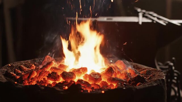 Glowing hot coals and sparks explode from a blacksmith's forge intense heat and fire