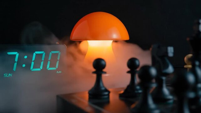 A mushroom-shaped lamp illuminates a chess set with a digital clock displaying 700 AM, amidst a smoky atmosphere