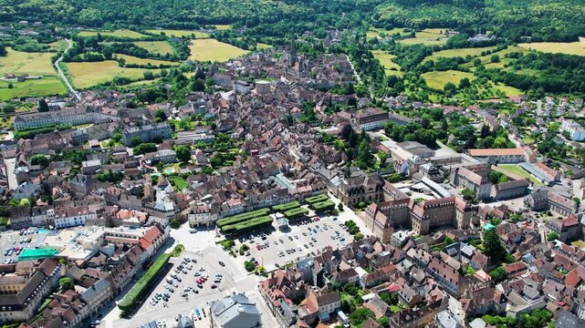 An Aerial panoramic view of the old town of the city Autun on a sunny summer noon in France.