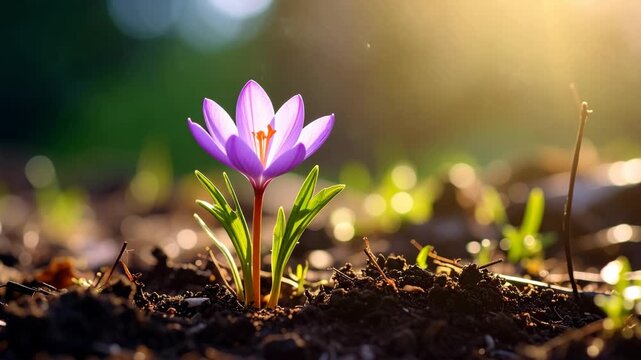 Single purple crocus flower emerges from dark soil in warm morning sunlight
