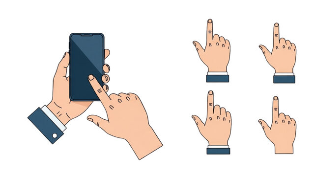 Hands holding smartphone and gesturing with fingers in various positions illustrated