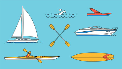 Vector illustration of various water transport and sports activities including sailing, surfing, kayaking, and swimming on a blue background.