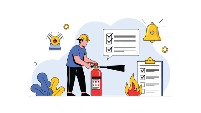 Fire safety professional wearing a helmet using a fire extinguisher near flames with a task checklist and alarm bell.