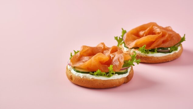 Salmon and cream cheese bagels with salad and cucumber on a pink backdrop. Space for text