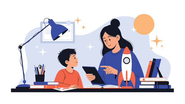 Mother helping her young son with school homework using a digital tablet at a desk with books, a desk lamp, and a rocket model in a room.