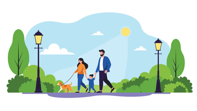 Happy family with a mother, father, and daughter walking their dog in a public park with green trees, street lamps, and a sunny sky in the background.