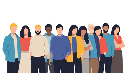 Group of diverse people from different backgrounds standing together representing unity, community, and social inclusivity.
