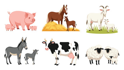 Obraz premium Educational collection of common farm animals including pigs, horses, goats, donkeys, cows, and sheep with their young.
