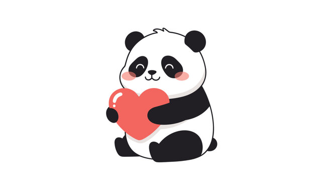Adorable cartoon panda bear sitting and holding a large red heart as a symbol of love, friendship, and kindness for greeting card design.