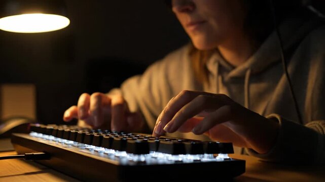 Female hands typing on a modern keyboard with white backlight in a dark room under a warm lamp