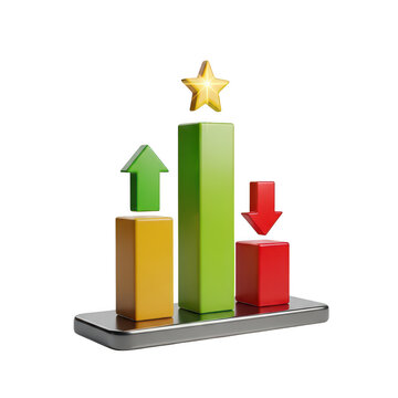 A 3D bar graph showing growth with a star on top on transparent background