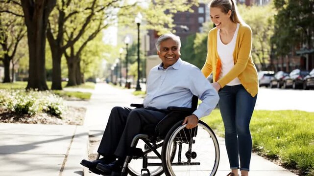 Young woman pushes elderly man in wheelchair on sunny street
