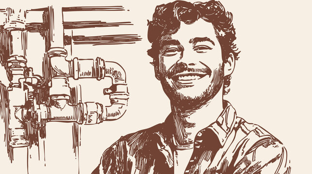 Confident industrial worker inside warehouse storage area. Logistic specialist with shelves and boxes behind. Clean ink hand drawn illustration sketch style. Background for supply chain graphics.
