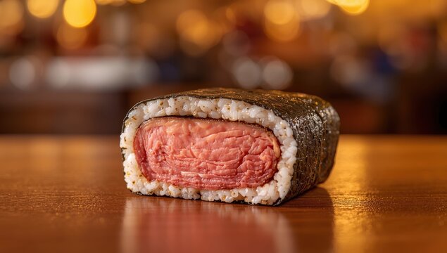Traditional Hawaiian spam musubi features grilled spam, seasoned rice, and nori seaweed, offering a delicious blend of savory, salty, and umami tastes