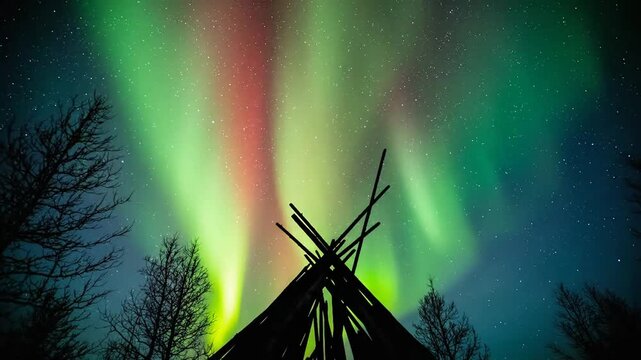 Spectacular Aurora Borealis lights up the night sky above a silhouetted teepee with bare trees