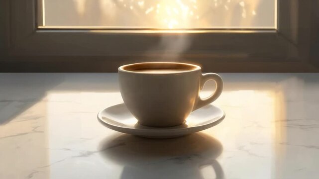 A steaming coffee cup sits on a saucer on a marble table with a window in the background