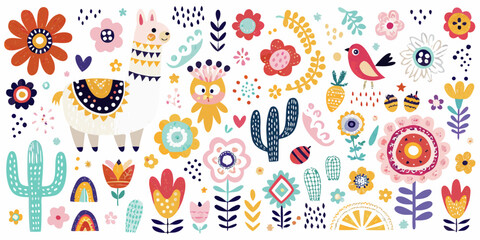 Colorful illustration featuring flowers llamas cacti and other whimsical elements © Raben