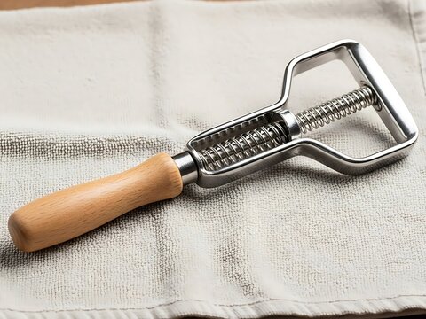 Metal walnut cracker, featuring a wooden handle resting on a towel