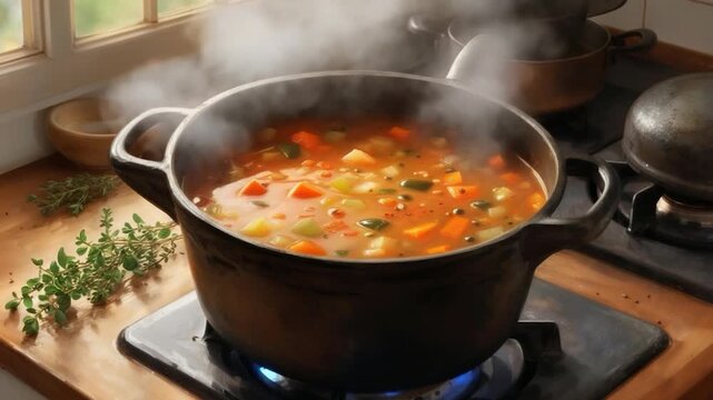 A steaming pot of colorful vegetable stew simmering on a stove, with herbs and a window in view