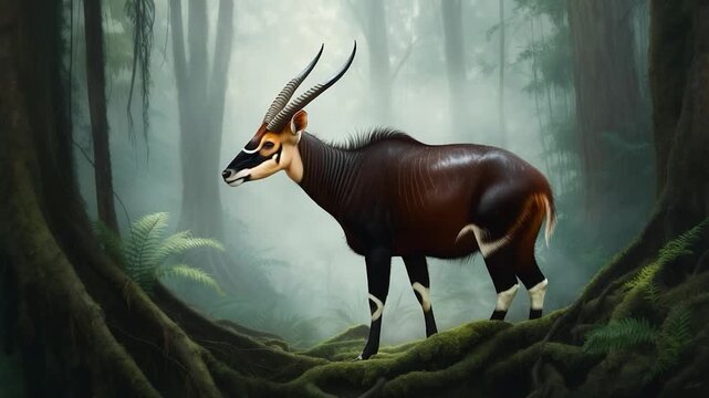 A stylized animal with horns stands in a green, misty forest, mossy roots in the foreground