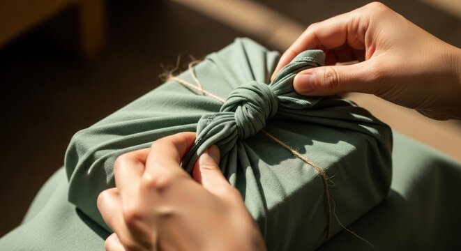 Close up of hands tying a knot on a sage green fabric gift wrap with twine detail in soft natural light