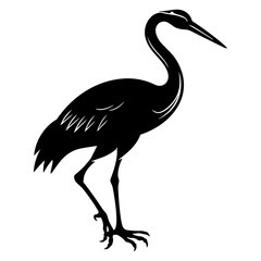 Obraz premium Elegant black silhouette of a standing heron with a long neck and pointed beak, isolated on a clean white background.