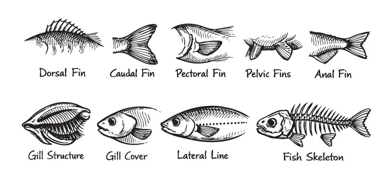 Black and white illustration showing different parts of fish anatomy with handwritten annotations. Suitable for textbooks, educational materials, and nature guides.