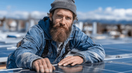 Solar panel technician installing photovoltaic system on rooftop