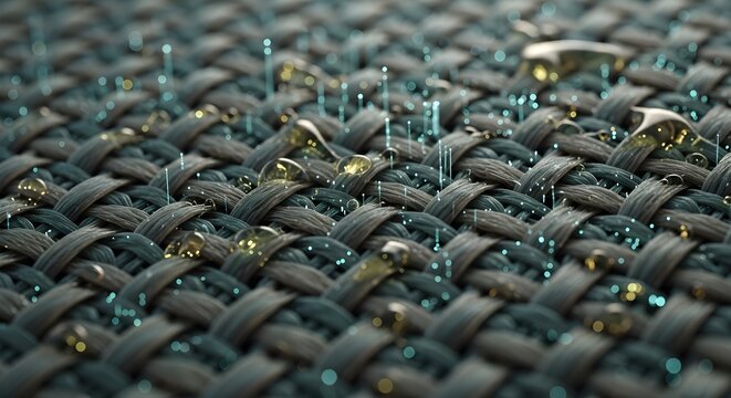 Close up of waterproof textile with water droplets