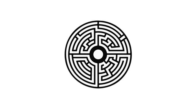 Circular maze puzzle with black lines on white background, symbolizing problem solving and challenge, simple and elegant design