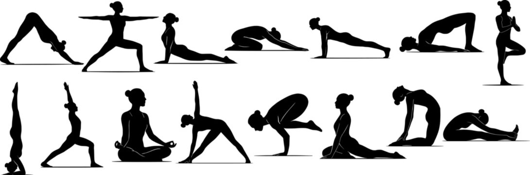 Yoga poses silhouettes vector icon set isolated