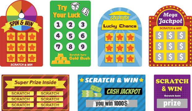 Scratch and Win Lottery Cards and Spin Wheel Game Set. Scratch Off Lottery Tickets with Mega Jackpot Game Templates. Colorful Scratch Card Jackpot and Spin Wheel Vector Collection