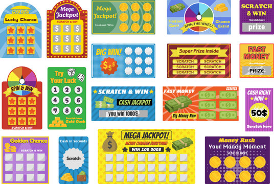 Modern scratch card lottery set featuring mega jackpot, super prize, fast money and spin wheel game templates. Vibrant flat design vector graphics for gambling concepts, casino advertising, fintech
