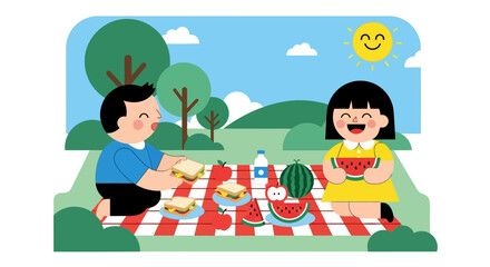 Obraz premium Two happy children enjoying a summer picnic with watermelon and sandwiches.