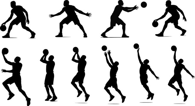 Basketball players silhouettes vector icon set isolated