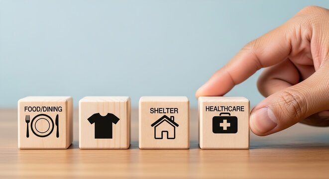 Basic human needs represented by wooden blocks
