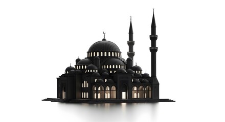 Fototapeta premium Illuminated Black Mosque Structure with Multiple Domes and Tall Minarets on a Reflective Surface