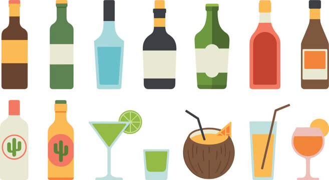 Alcohol Bottles and Tropical Cocktails Collection with Tequila Vodka Wine and Coconut Drinks Vector Illustration
