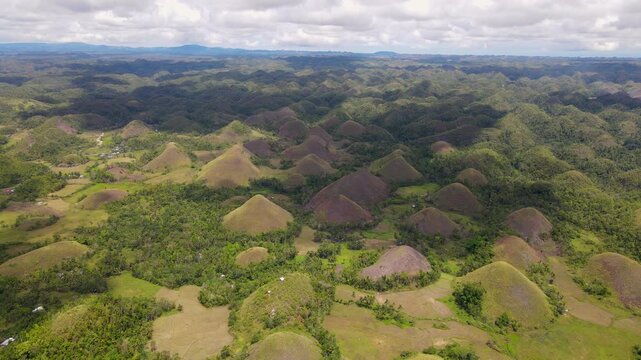 Aerial view of the Chocolate Hills' iconic cone-shaped mounds amidst lush greenery, their unique formations creating a surreal landscape, Bohol, Central Visayas, Philippines.