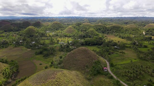 Aerial view of Chocolate Hills, a geological formation of symmetrical mounds amidst lush greenery, Bohol, Central Visayas, Philippines.