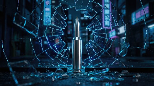 Silver bullet standing upright amidst shattered glass, illuminated by neon lights in a dark urban environment, creating a striking visual contrast and dramatic scene