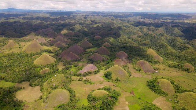 Aerial view of the iconic Chocolate Hills, showcasing the unique geological formations amidst the lush greenery, Bohol, Central Visayas, Philippines.