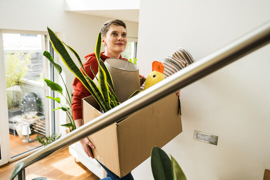 Person carrying box with houseplant and belongings up staircase at home