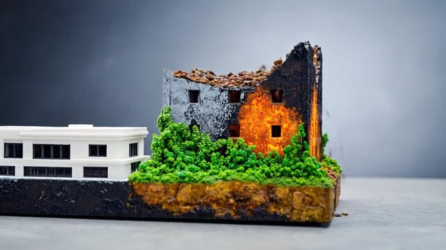 Miniature diorama depicting a transition from a modern building to a ruined, burning structure surrounded by lush greenery