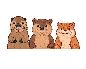 Cute Cartoon Illustration of Adorable Animal Trio with Friendly Expressions