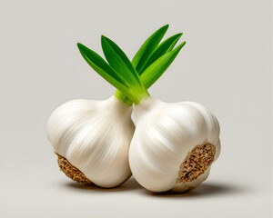 Fresh Garlic Bulbs with Green Sprouts on Neutral Background