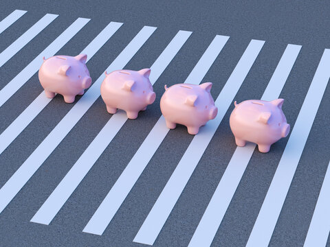 Piggy banks in a row on crosswalk symbolizing finance and stability